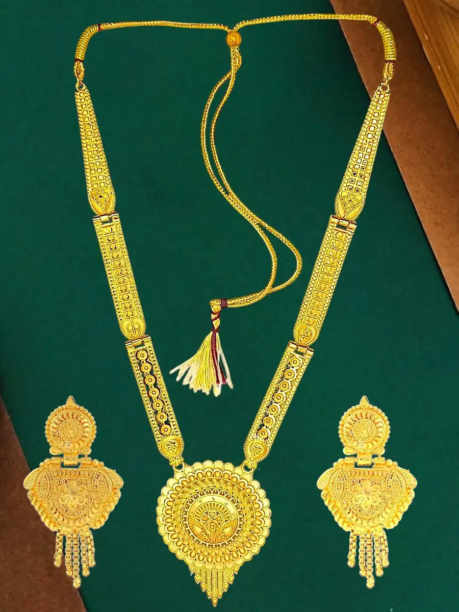 Gold Plated Traditional Round Shape Long Haaram Necklace Set with Matching Earrings