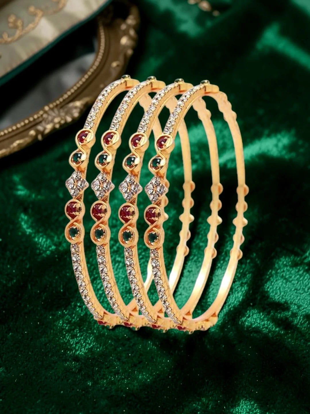 Gold Plated Cubic Zirconia Coloured Stone Studded 4 Pcs Sleek Bangles Set