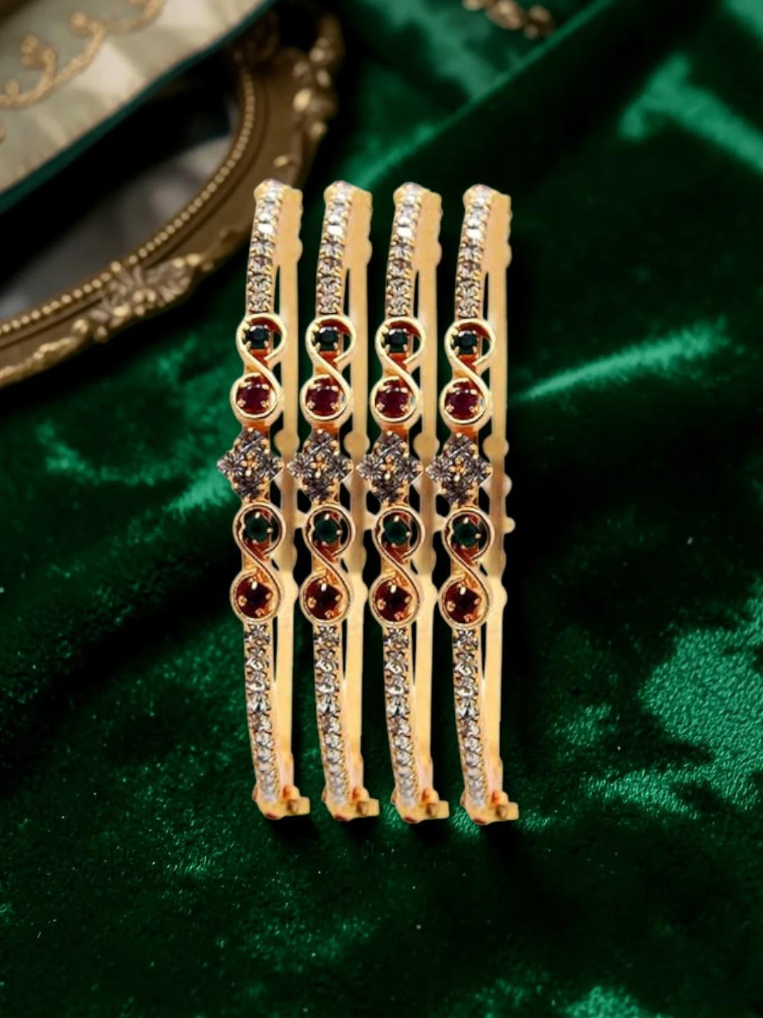 Gold Plated Cubic Zirconia Coloured Stone Studded 4 Pcs Sleek Bangles Set