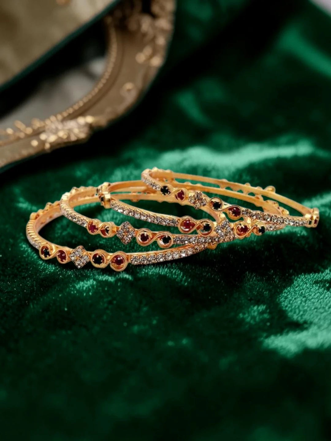 Gold Plated Cubic Zirconia Coloured Stone Studded 4 Pcs Sleek Bangles Set