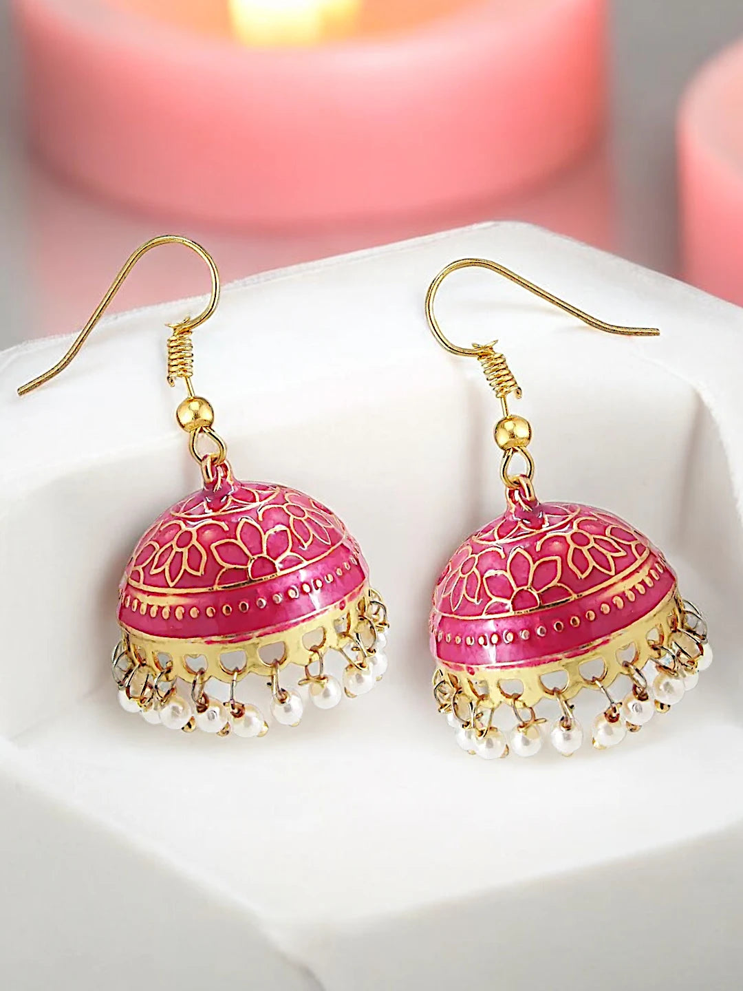 Pink Meenakari Jhumka Earrings