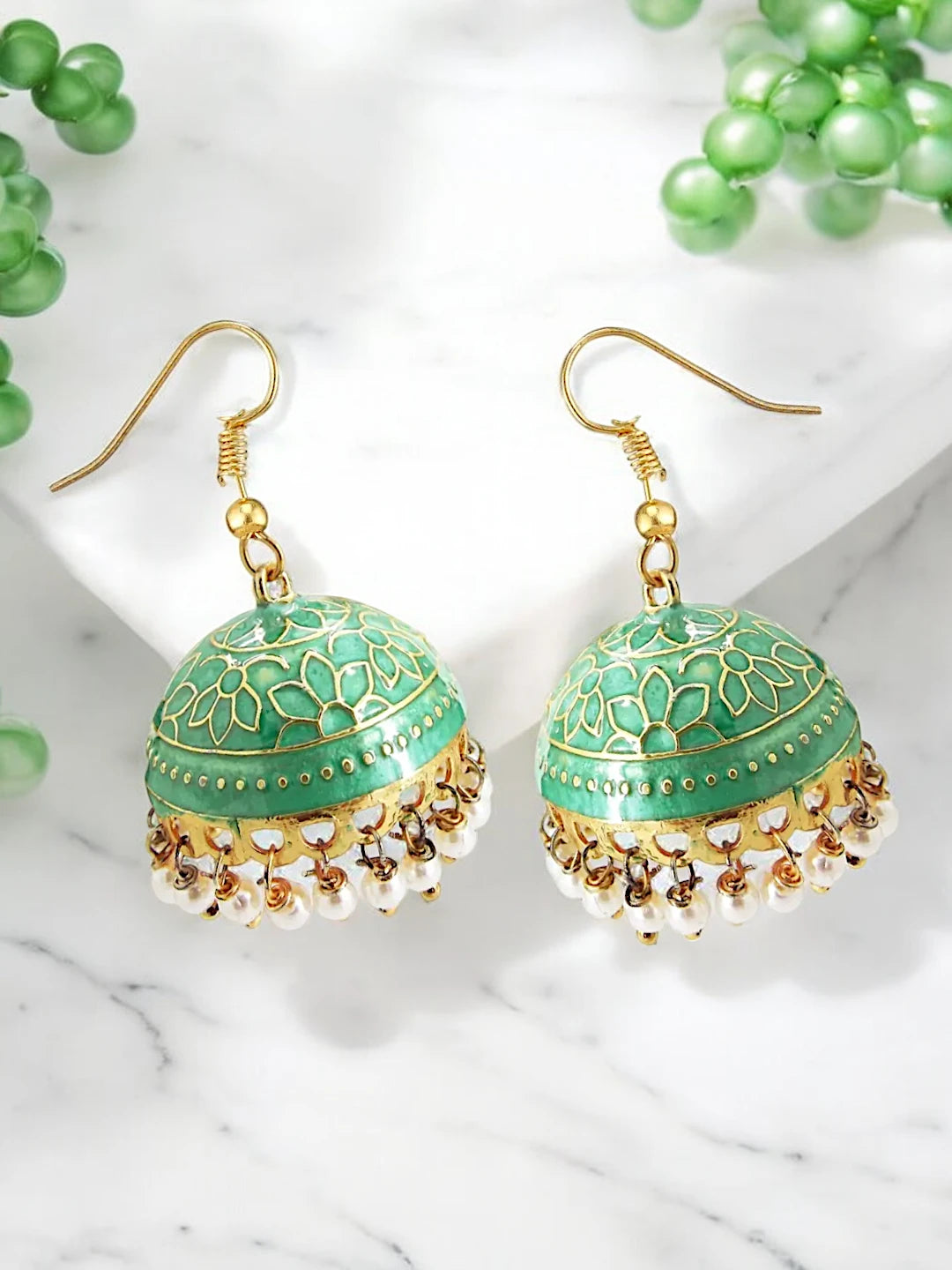 Green Meenakari Jhumka Earrings