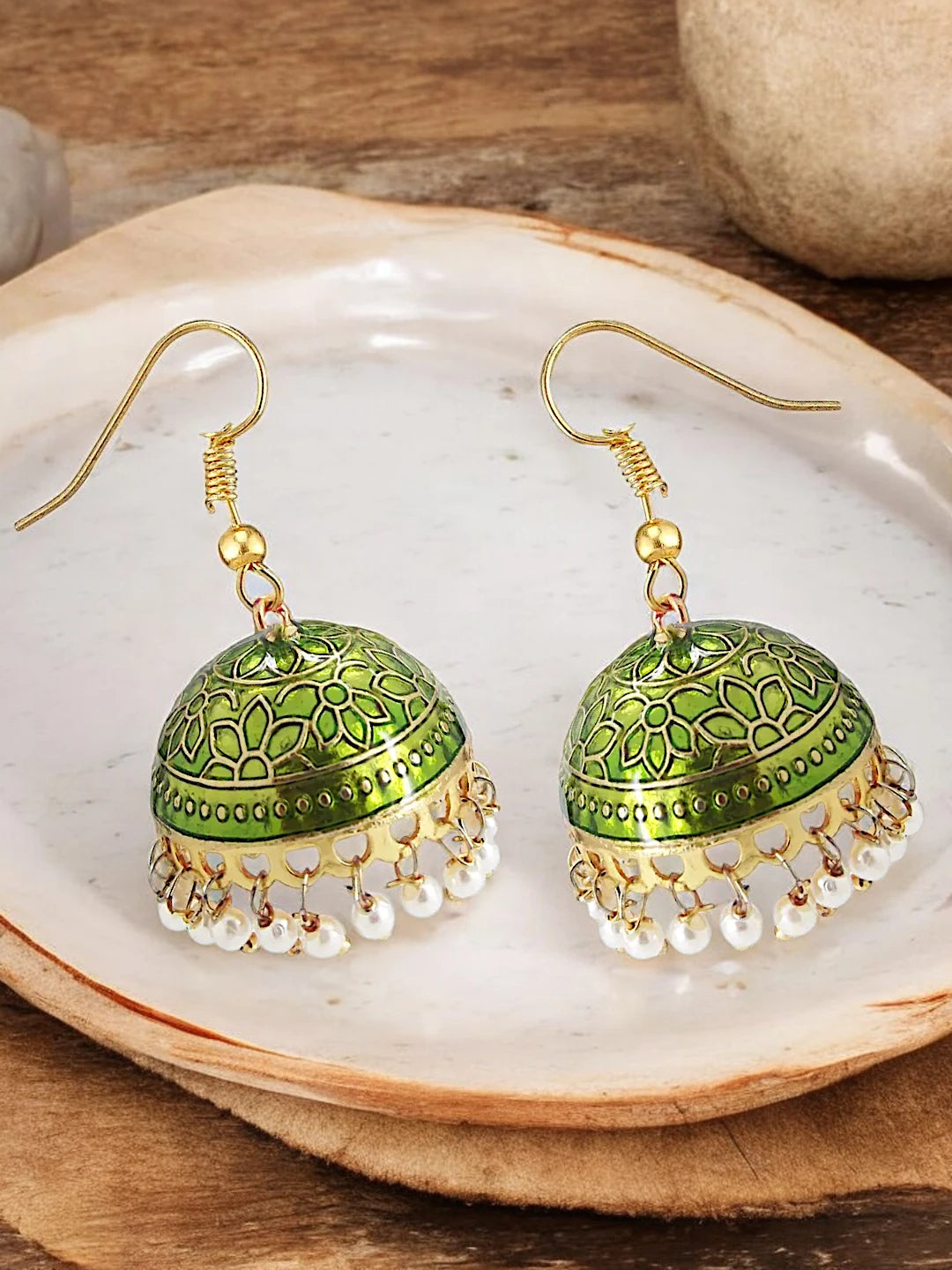 Mehndi Green Meenakari Jhumka Earrings