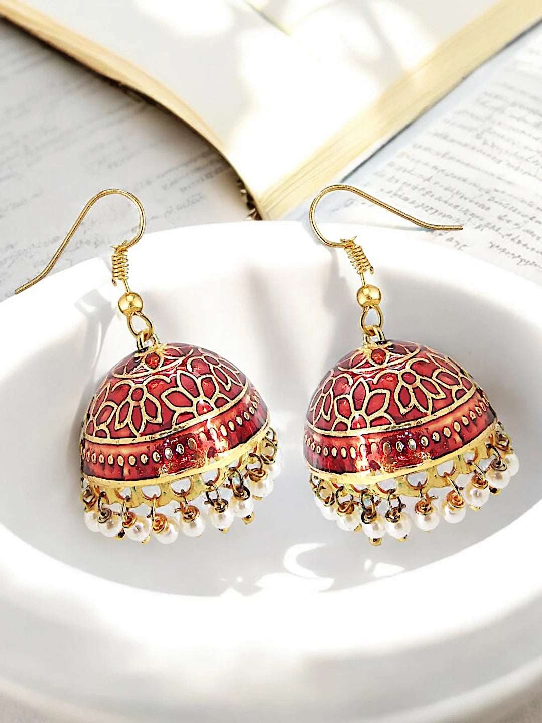 Maroon Meenakari Jhumka Earrings