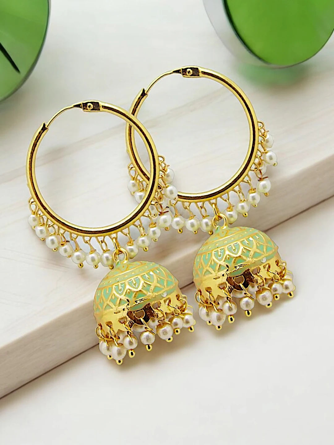 Green Pearl Jhumka Earrings