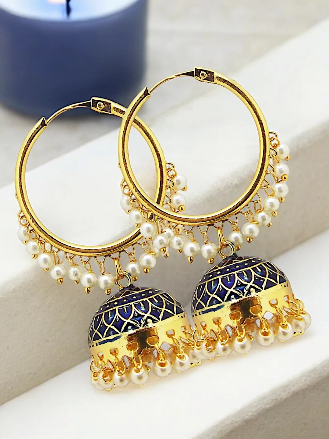Navy Blue Pearl Jhumka Earrings