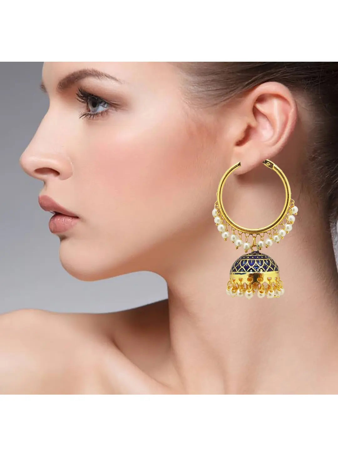 Navy Blue Pearl Jhumka Earrings