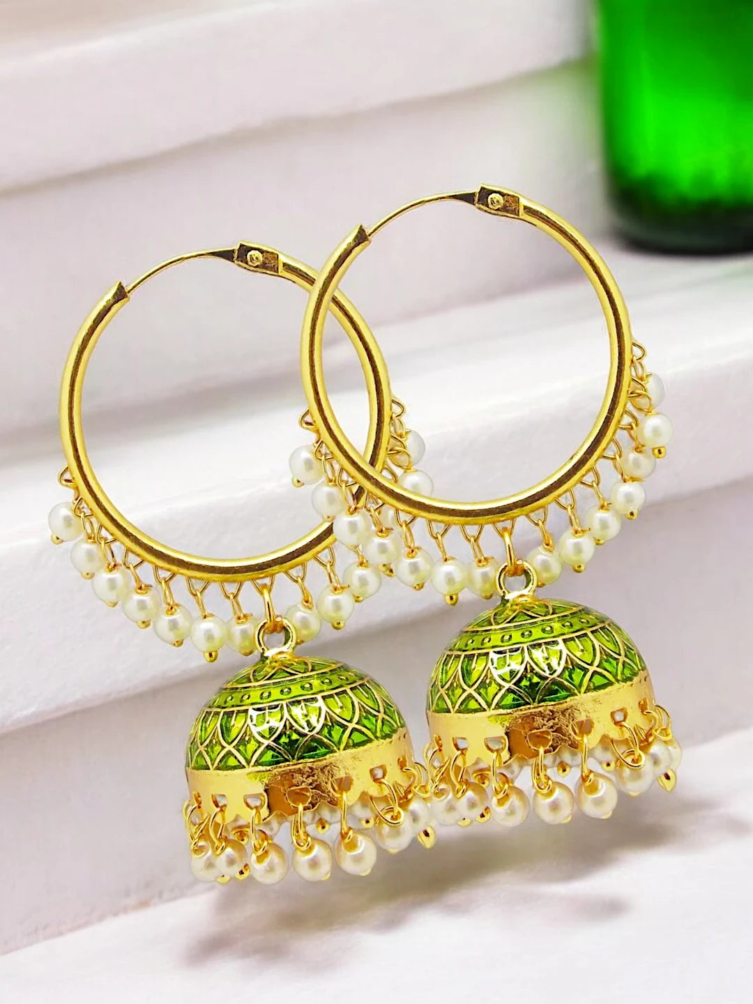 Mehndi Green Pearl Jhumka Earrings