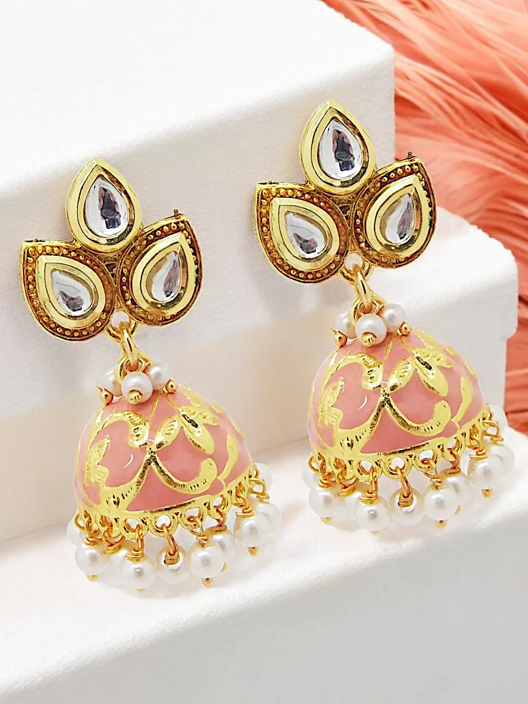 Peach Kundan Jhumka Earrings