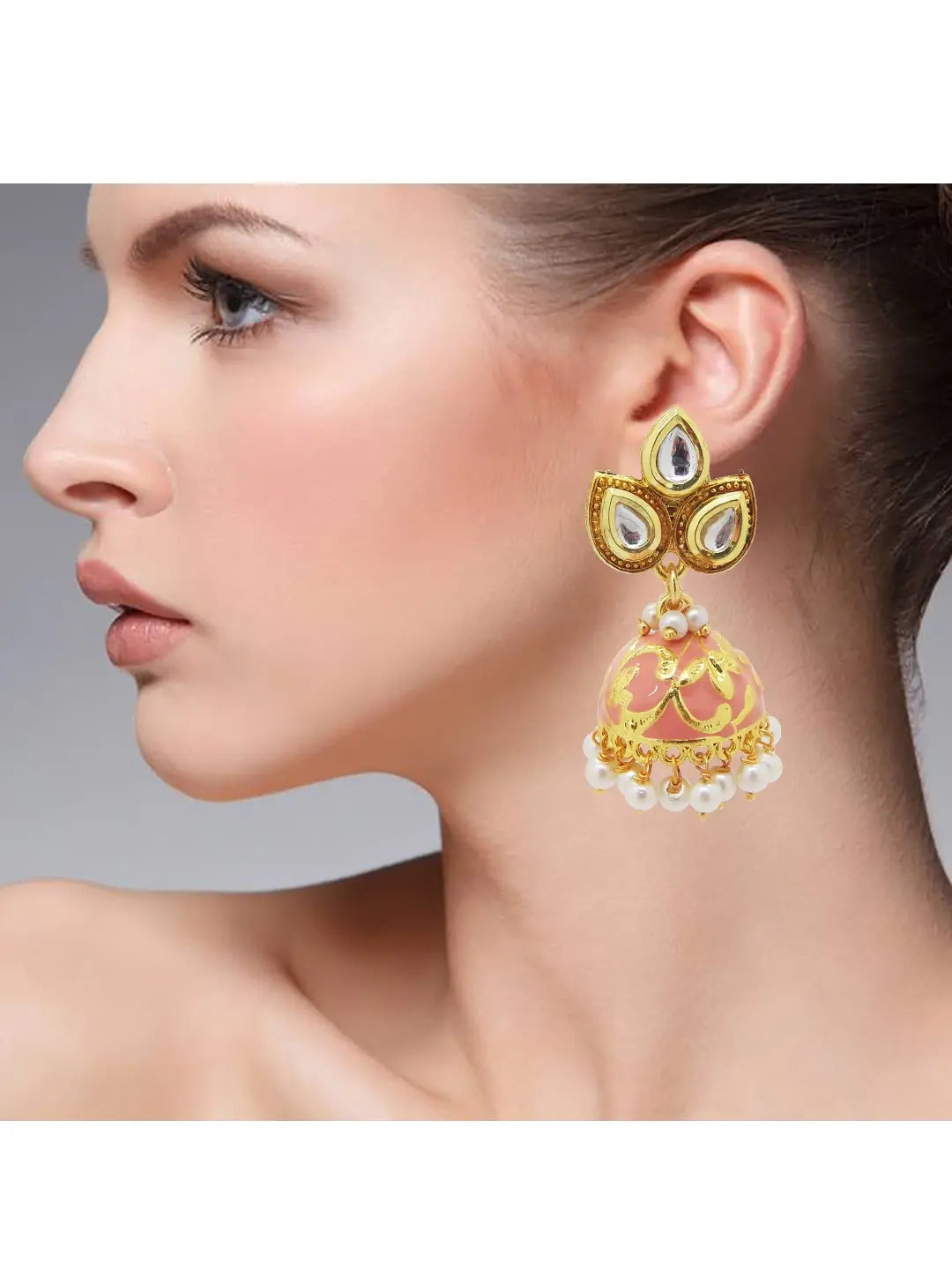 Peach Kundan Jhumka Earrings