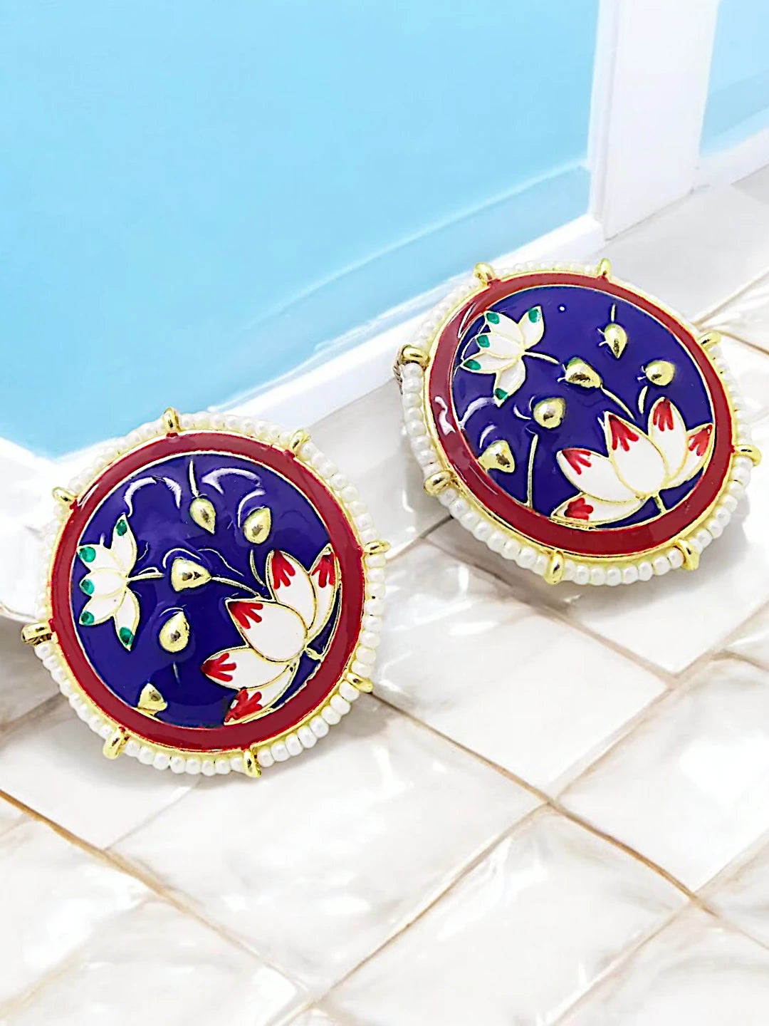 Navy Blue Lotus Meenakari Earrings