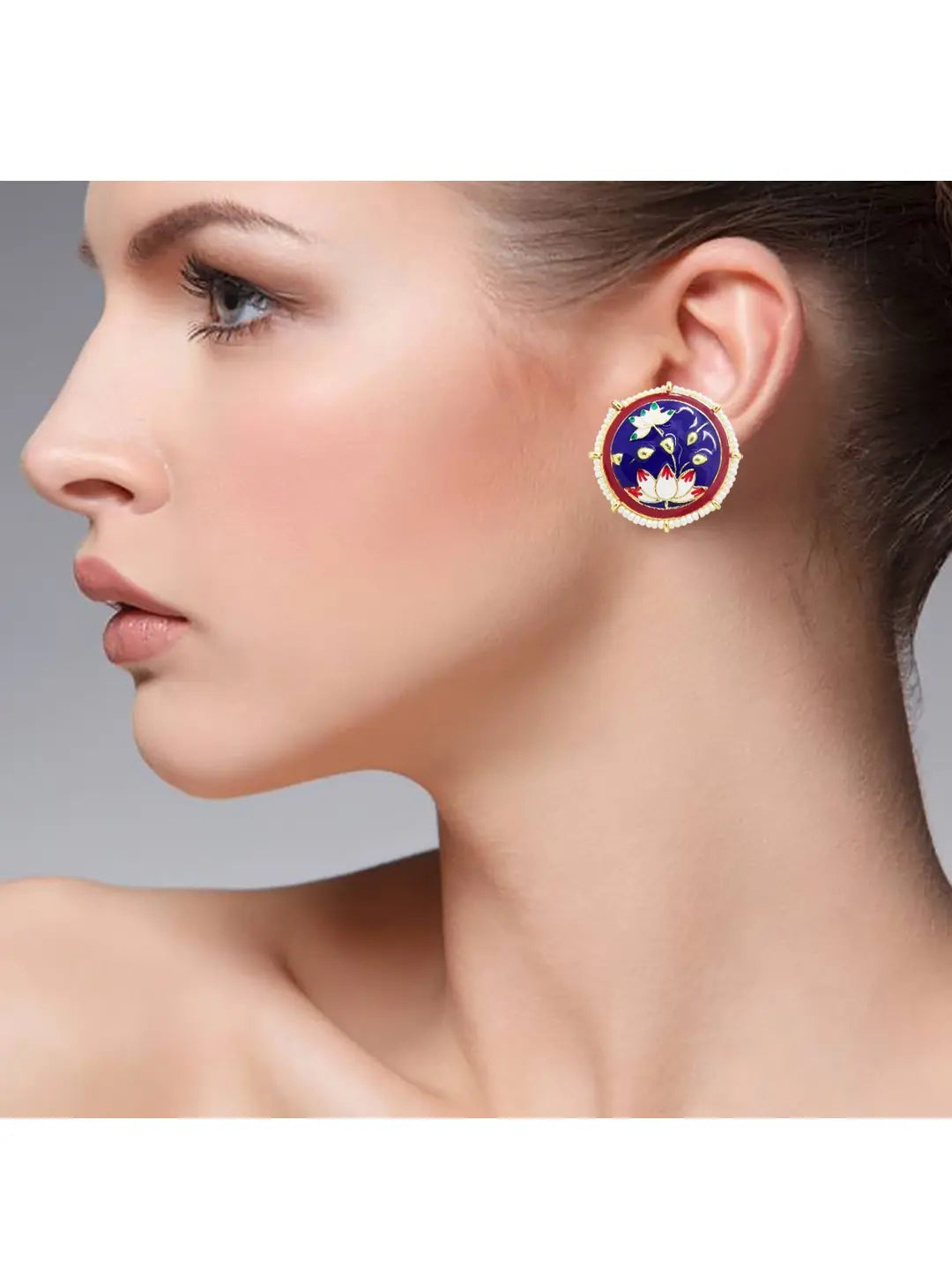 Navy Blue Lotus Meenakari Earrings