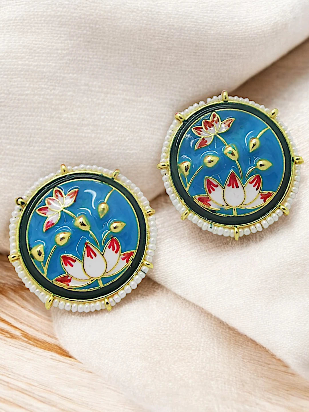 Sky Blue Lotus Meenakari Earrings