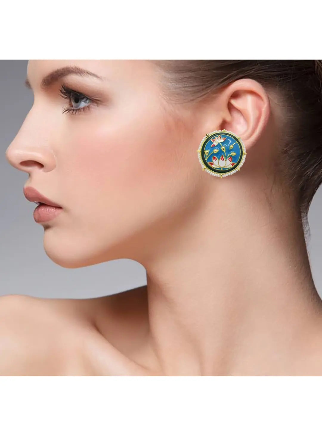 Sky Blue Lotus Meenakari Earrings