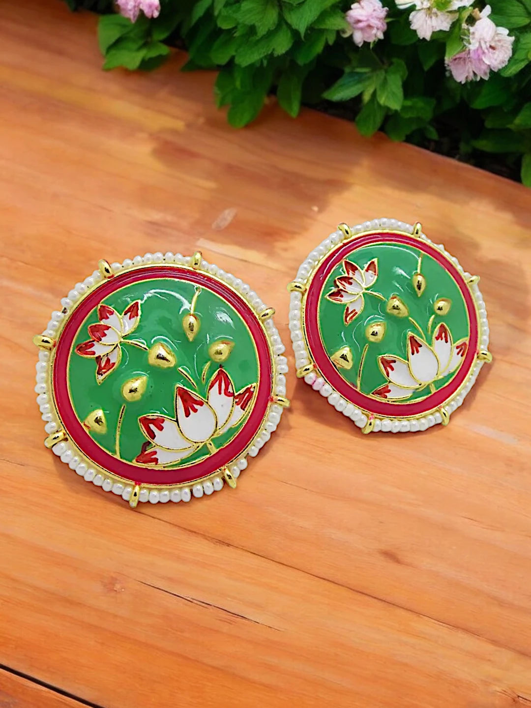 Green Lotus Meenakari Earrings