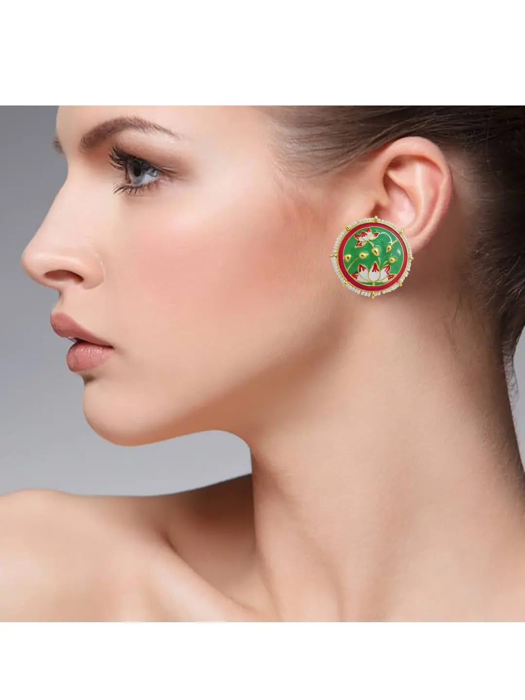 Green Lotus Meenakari Earrings