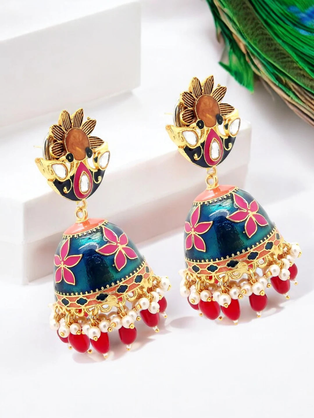 Floral Meenakari Jhumka Earrings
