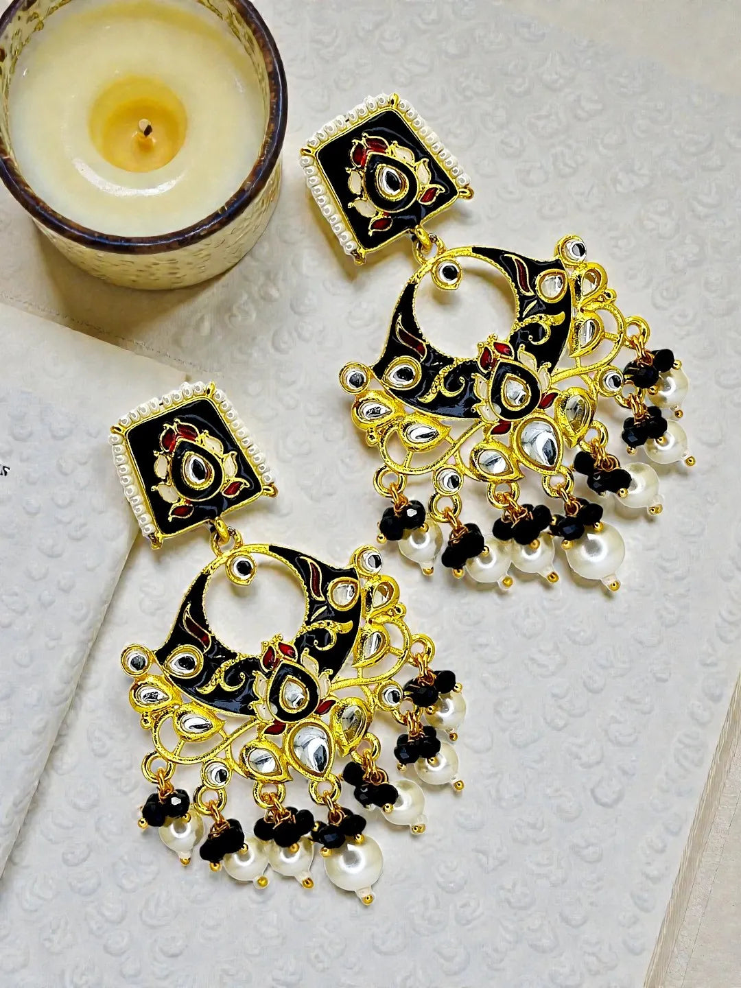 Gold Plated Kundan Black Meenakari Chandbali Earrings