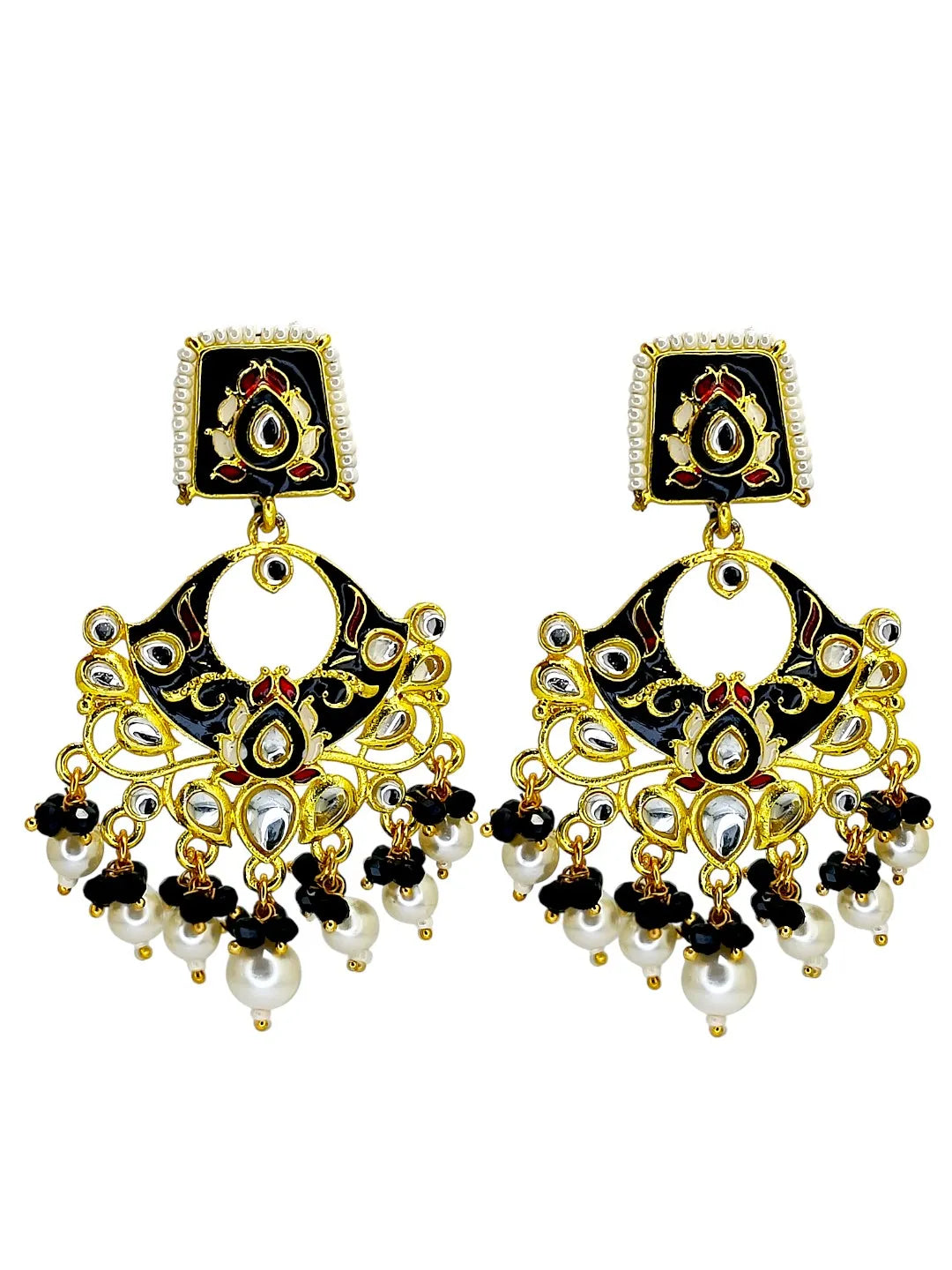 Gold Plated Kundan Black Meenakari Chandbali Earrings