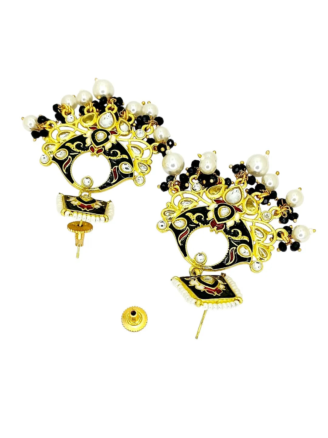 Gold Plated Kundan Black Meenakari Chandbali Earrings