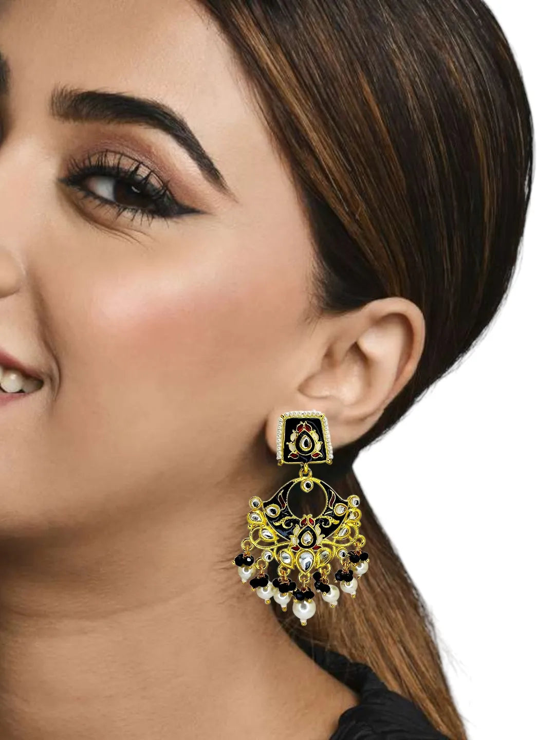 Gold Plated Kundan Black Meenakari Chandbali Earrings