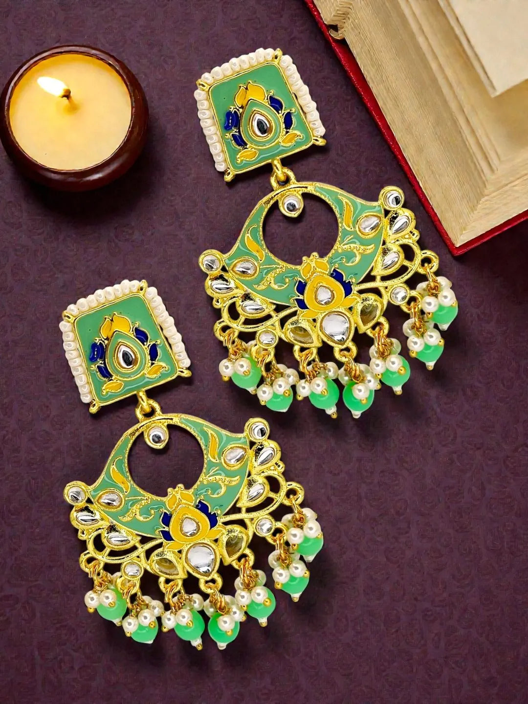 Gold Plated Kundan Mint Green Meenakari Chandbali Earrings