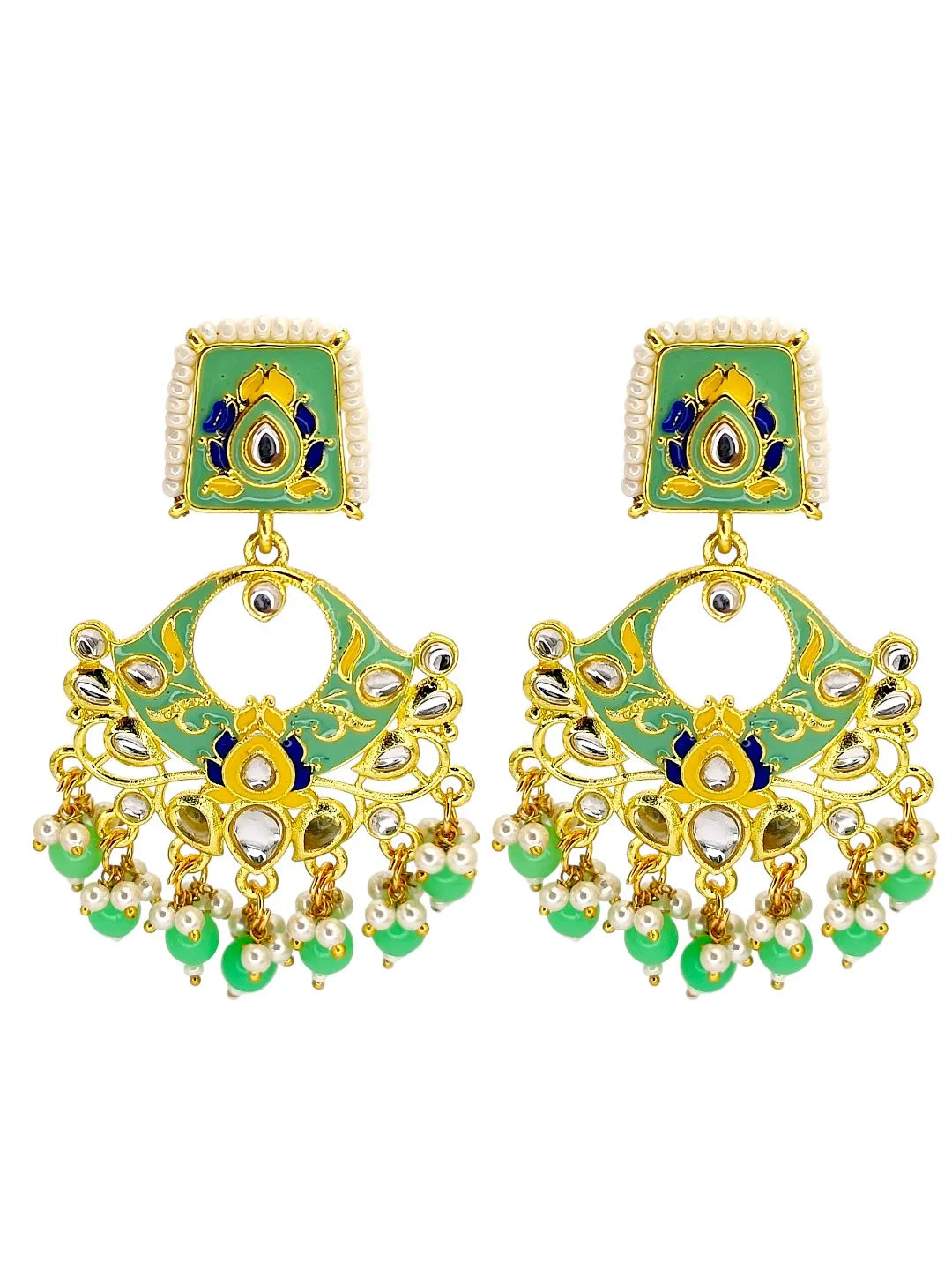 Gold Plated Kundan Mint Green Meenakari Chandbali Earrings