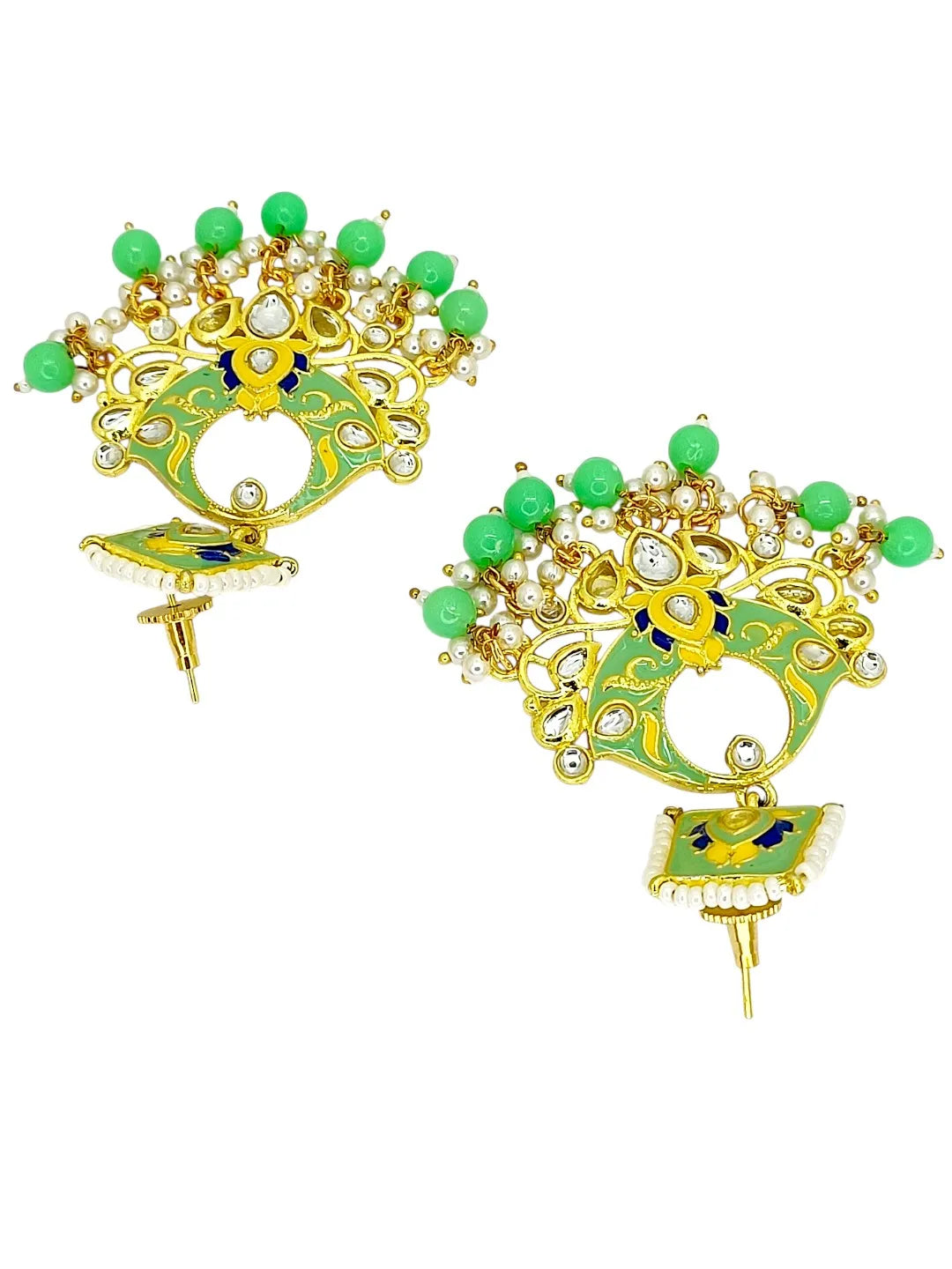 Gold Plated Kundan Mint Green Meenakari Chandbali Earrings