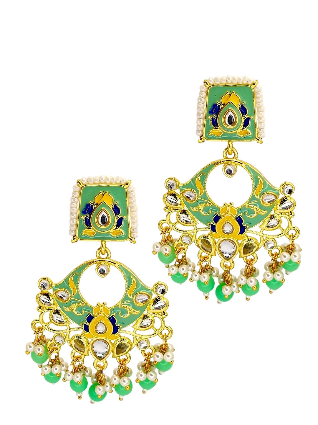 Gold Plated Kundan Mint Green Meenakari Chandbali Earrings
