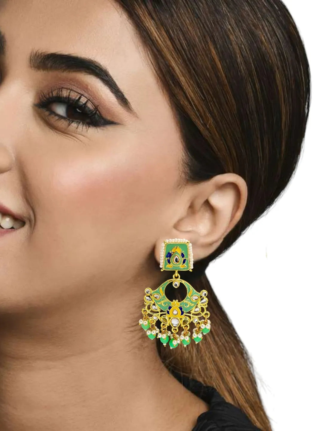 Gold Plated Kundan Mint Green Meenakari Chandbali Earrings