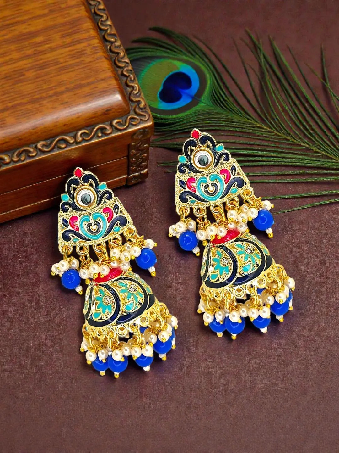 Gold Plated Kundan Meenakari Blue Jhumka Earrings
