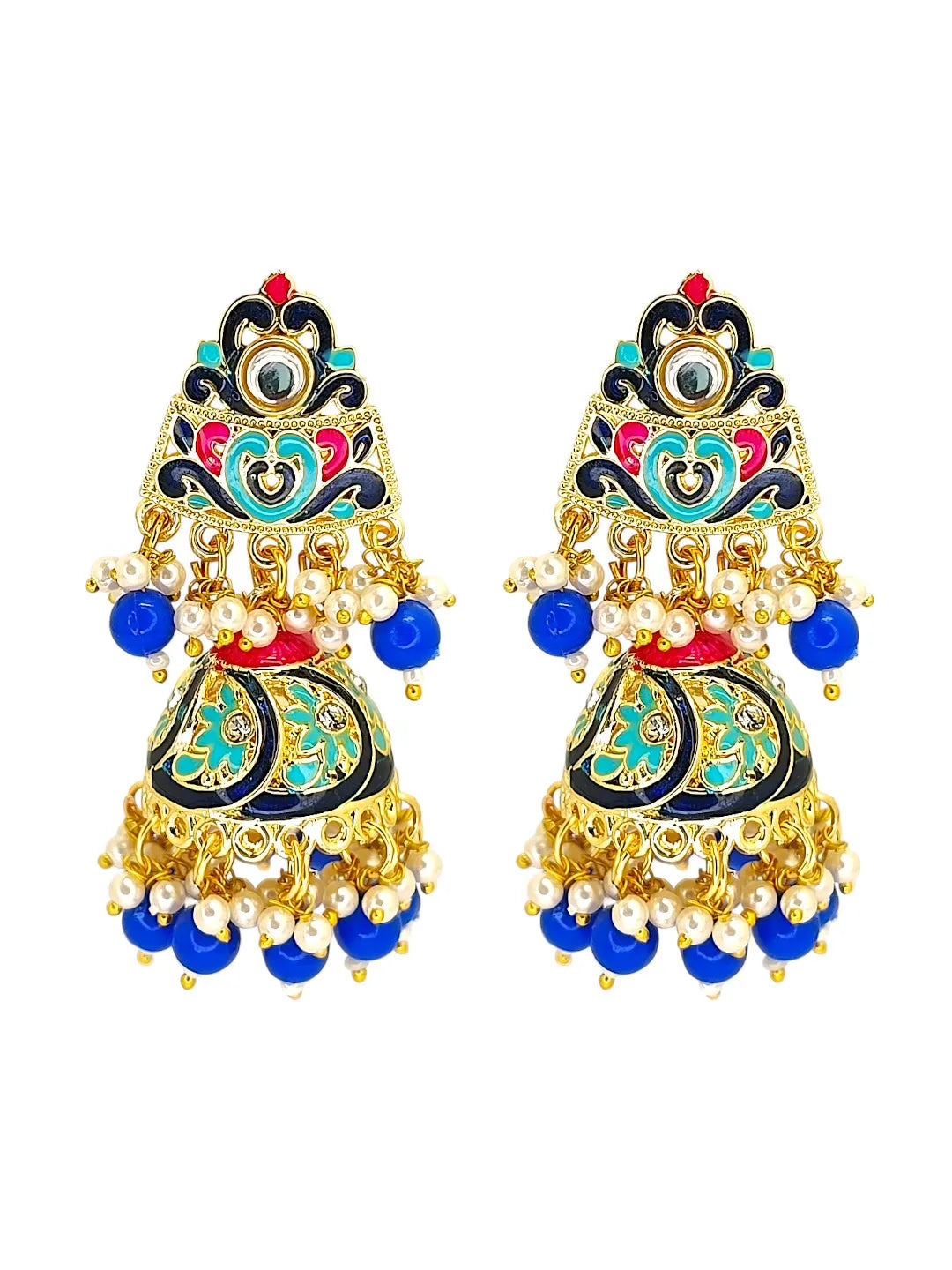 Gold Plated Kundan Meenakari Blue Jhumka Earrings