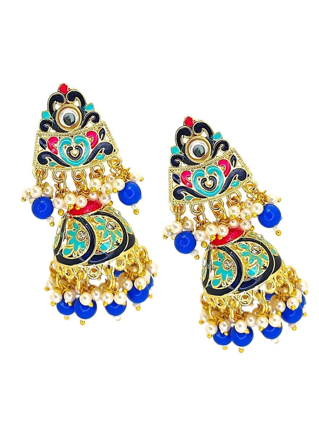 Gold Plated Kundan Meenakari Blue Jhumka Earrings