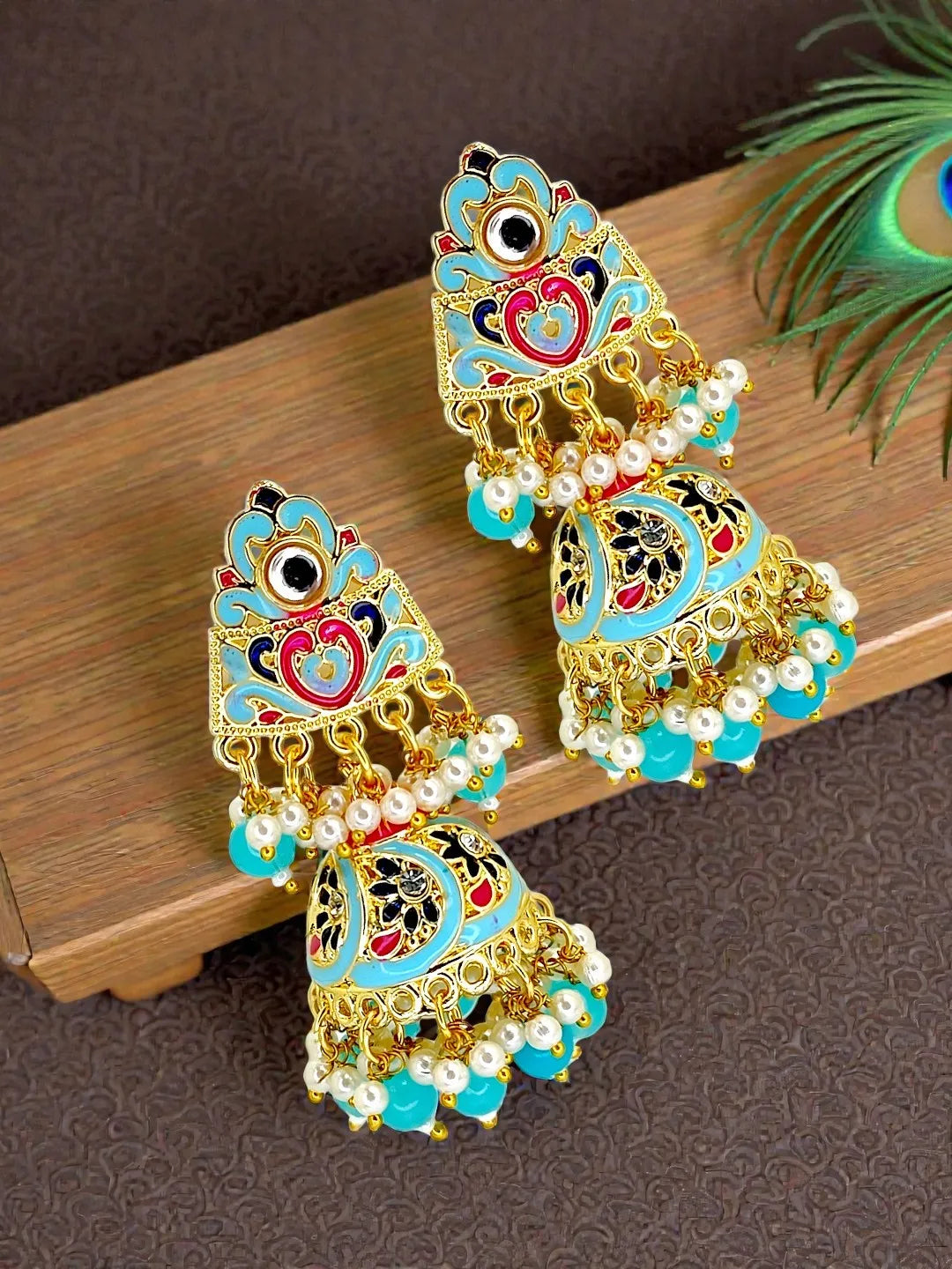 Gold Plated Kundan  Meenakari Turquoise Jhumka Earrings