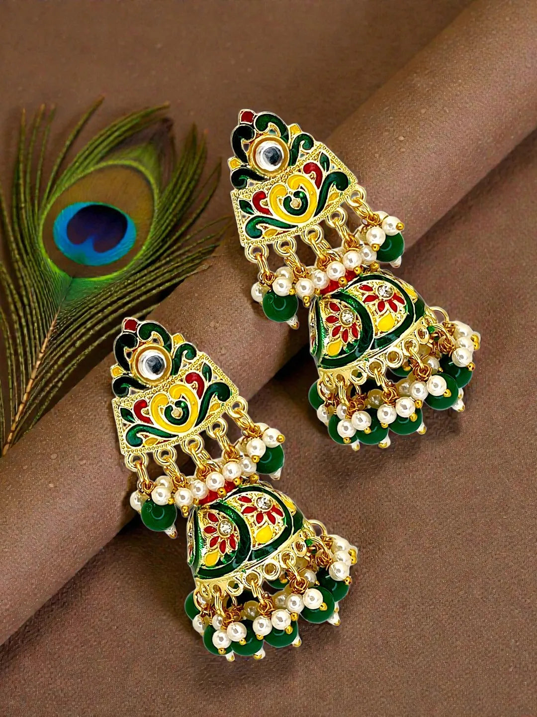 Gold Plated Kundan Meenakari Green Jhumka Earrings