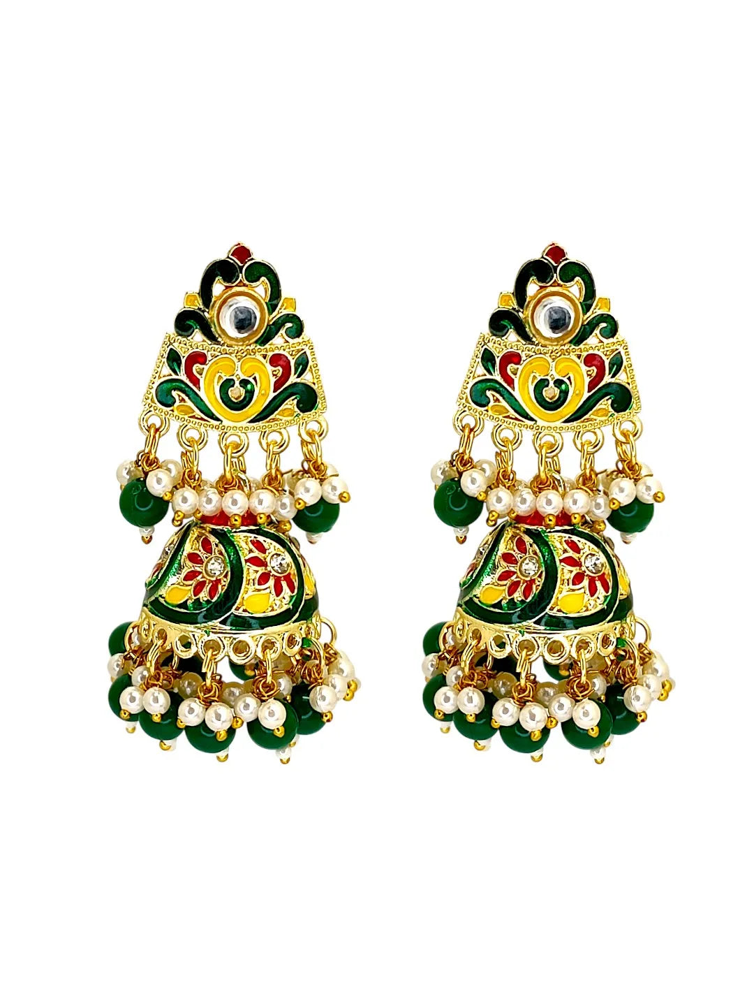 Gold Plated Kundan Meenakari Green Jhumka Earrings