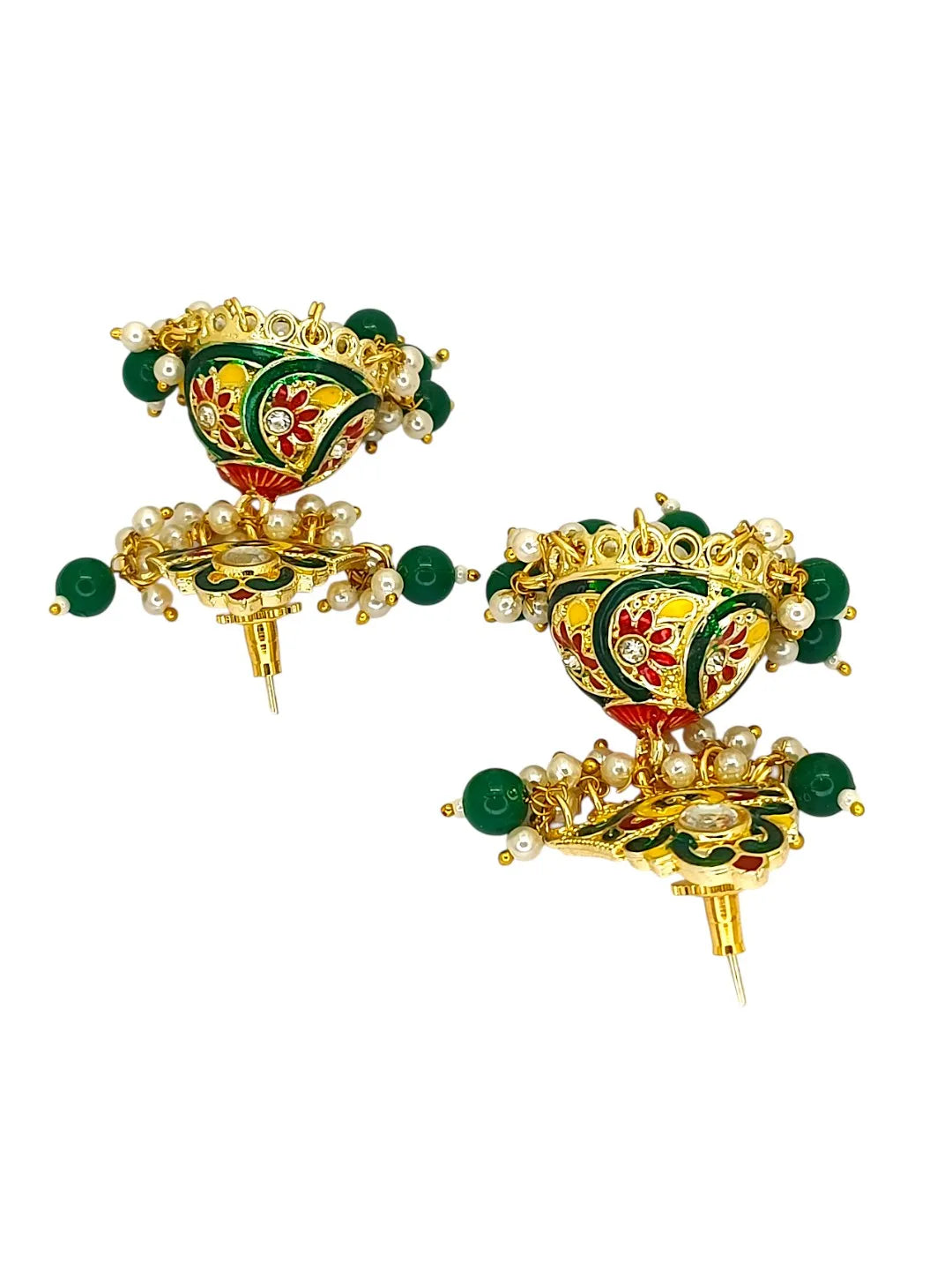 Gold Plated Kundan Meenakari Green Jhumka Earrings