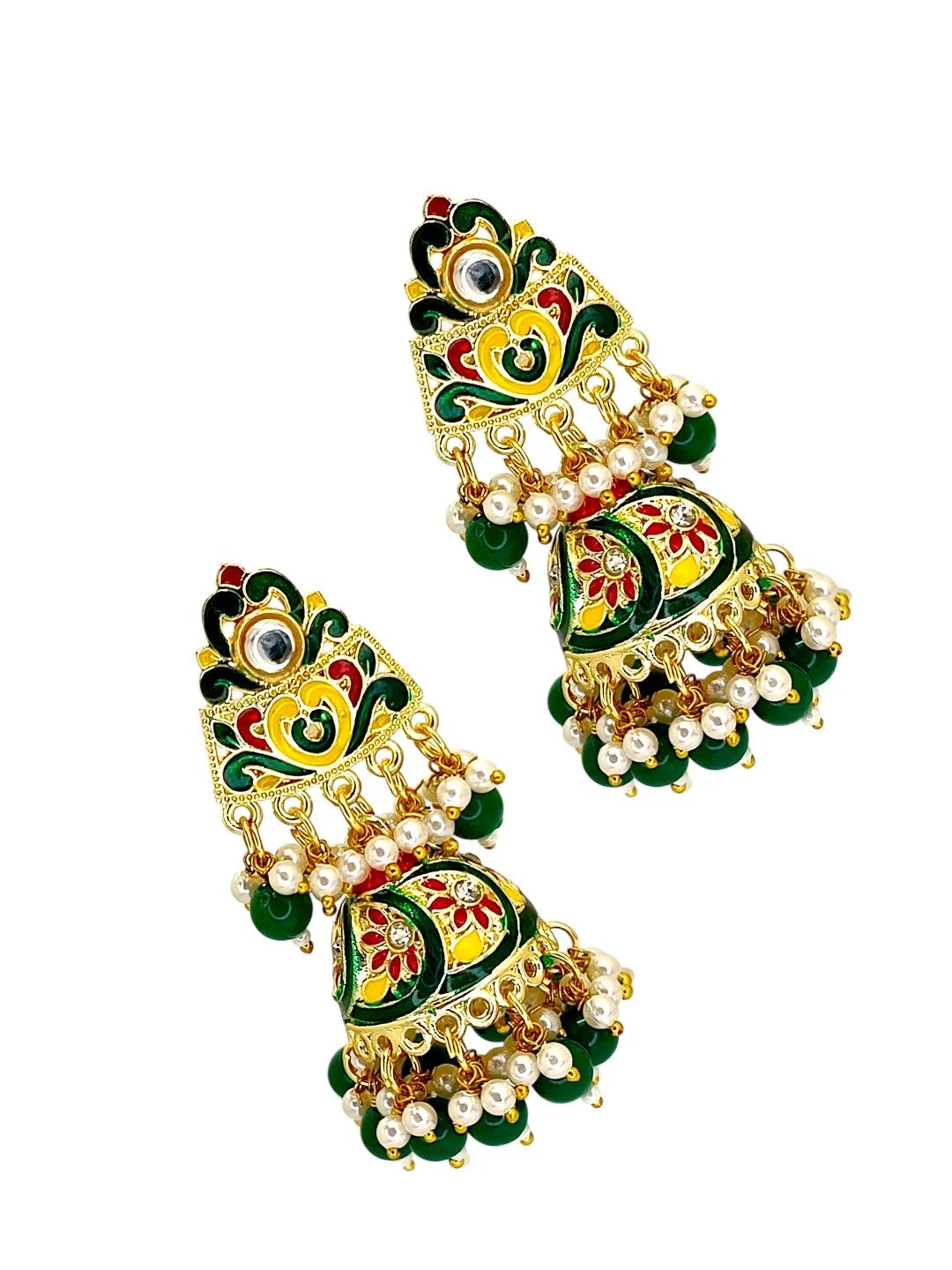 Gold Plated Kundan Meenakari Green Jhumka Earrings
