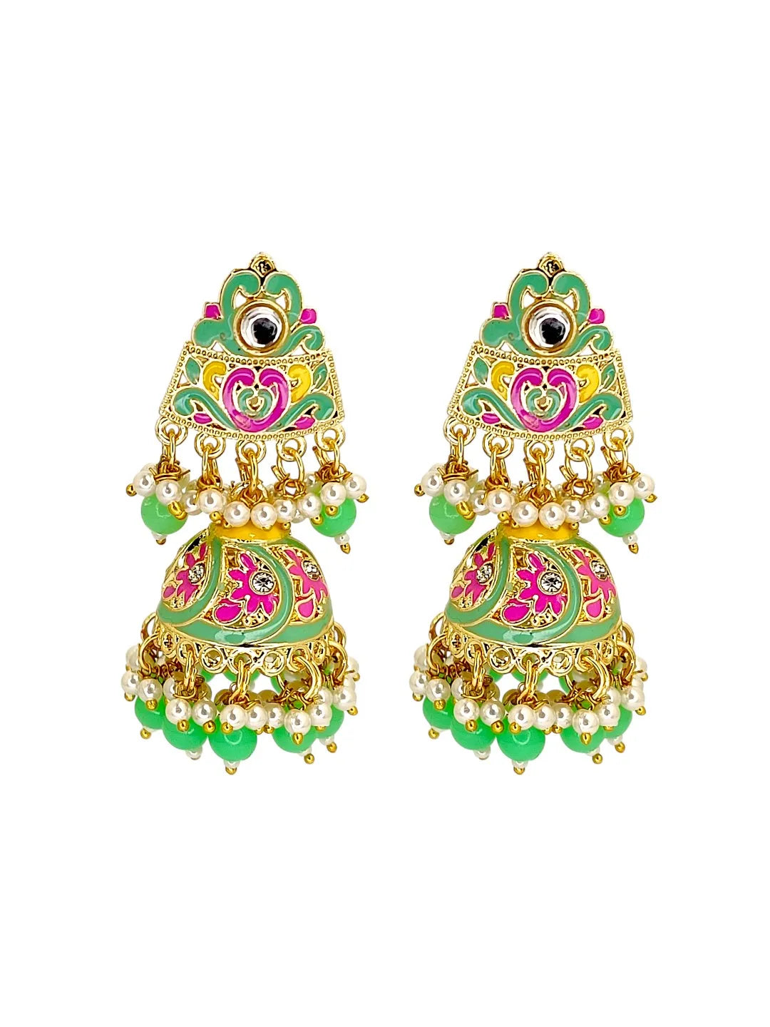 Gold Plated Kundan Meenakari Lime Green Jhumka Earrings