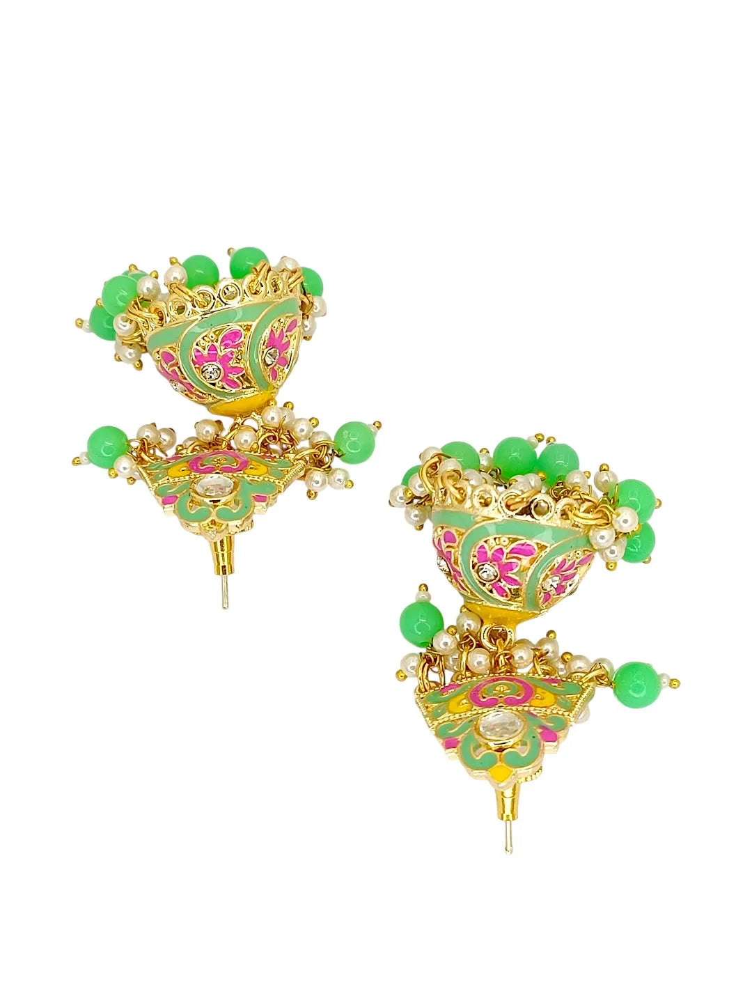 Gold Plated Kundan Meenakari Lime Green Jhumka Earrings