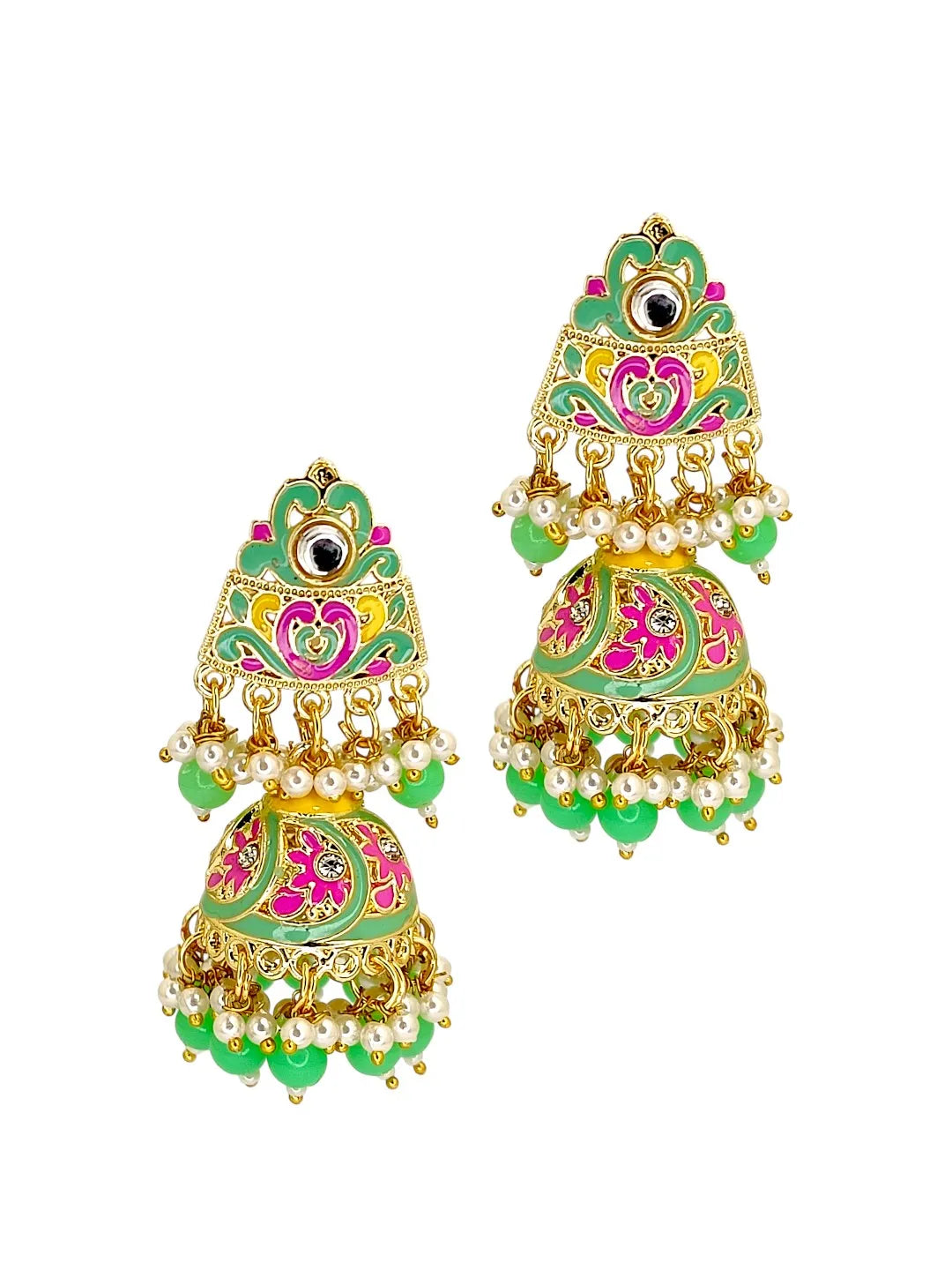 Gold Plated Kundan Meenakari Lime Green Jhumka Earrings
