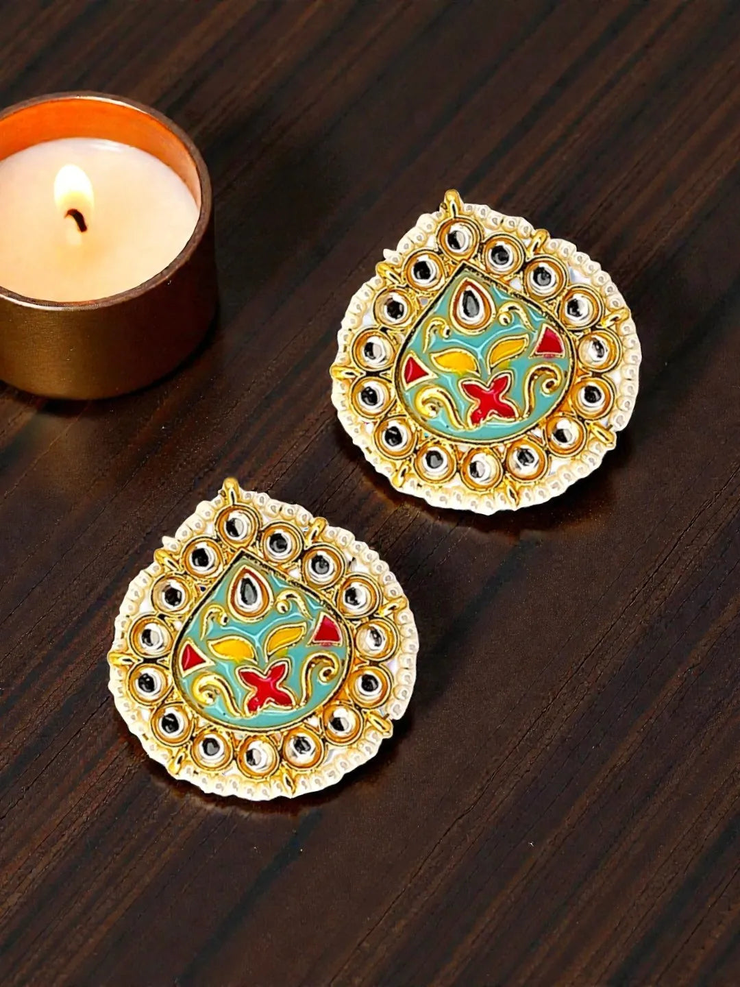 Gold Plated Kundan Meenakari Sky Blue Stud Earrings