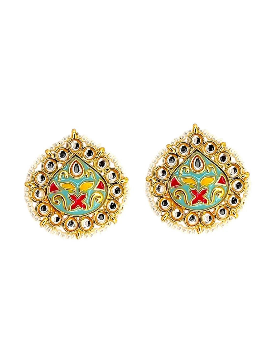 Gold Plated Kundan Meenakari Sky Blue Stud Earrings