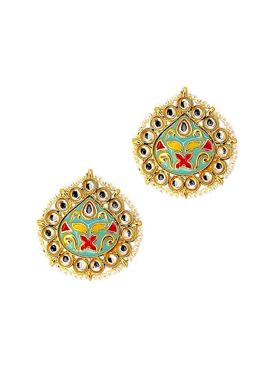 Gold Plated Kundan Meenakari Sky Blue Stud Earrings