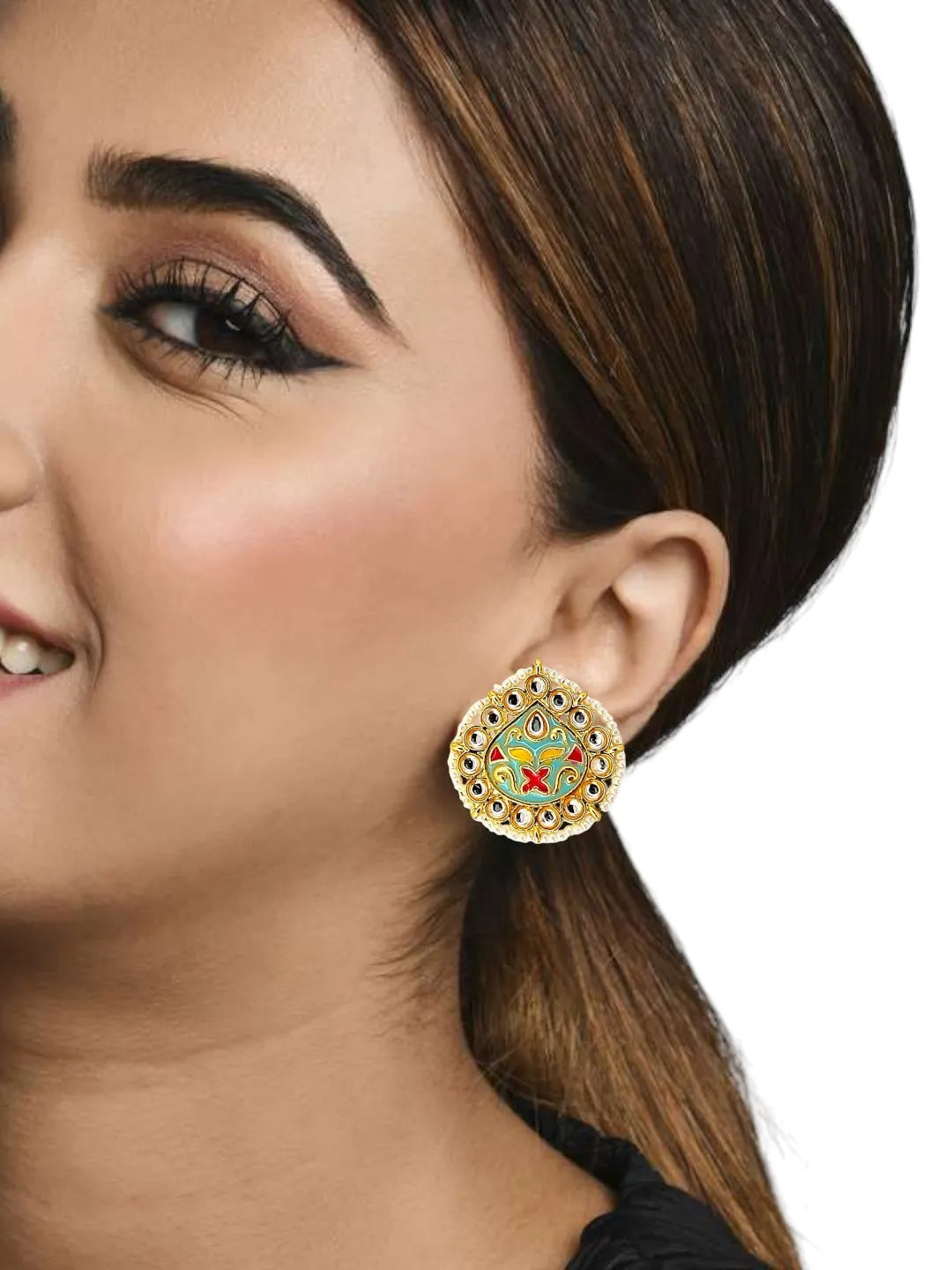 Gold Plated Kundan Meenakari Sky Blue Stud Earrings