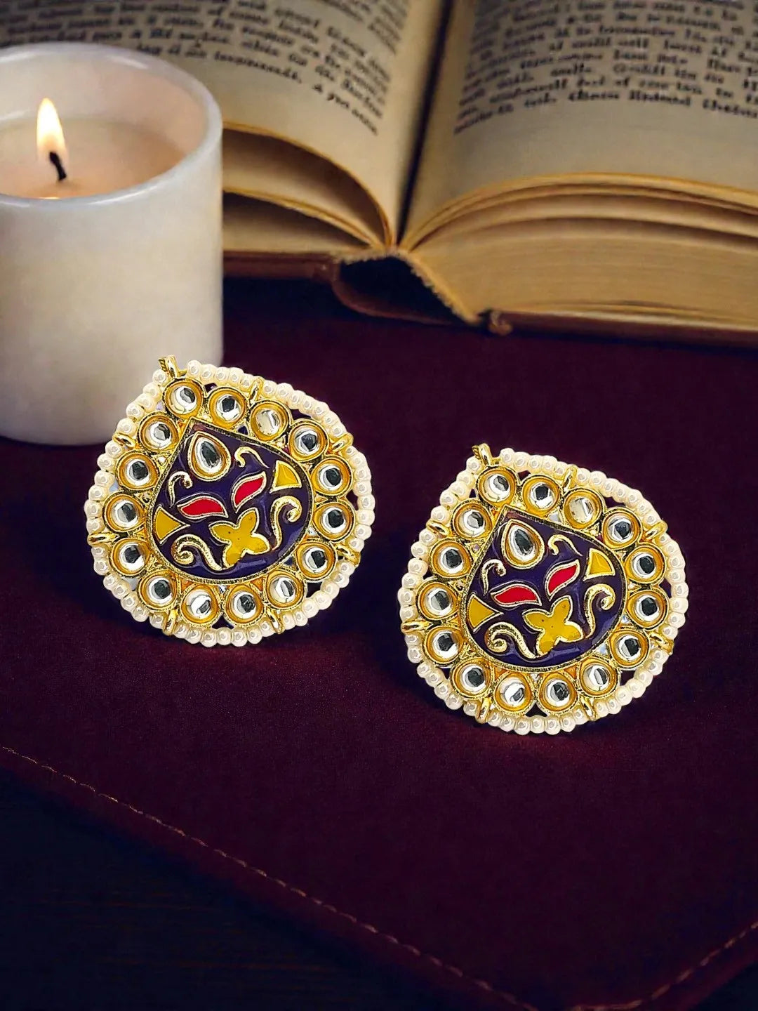 Gold Plated Kundan Meenakari Navy Blue Stud Earrings