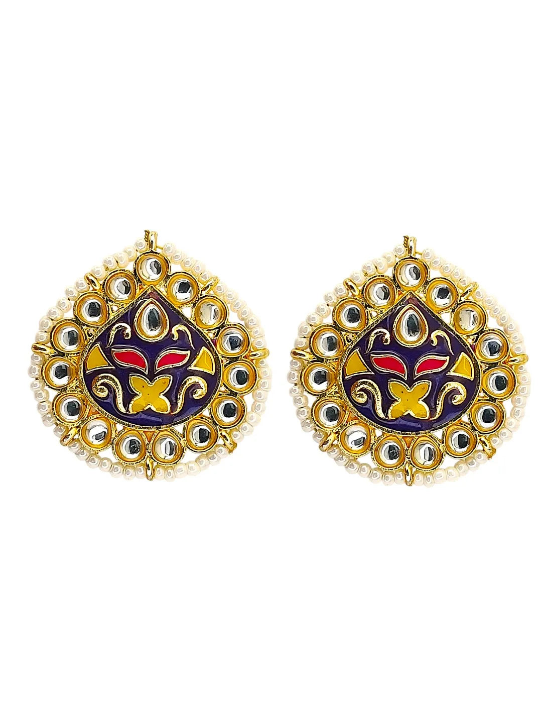 Gold Plated Kundan Meenakari Navy Blue Stud Earrings