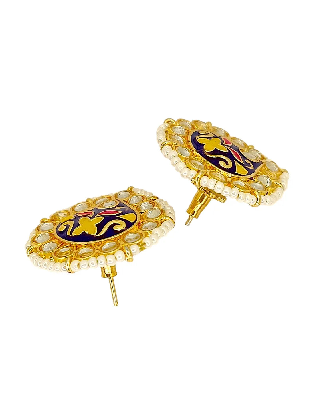 Gold Plated Kundan Meenakari Navy Blue Stud Earrings