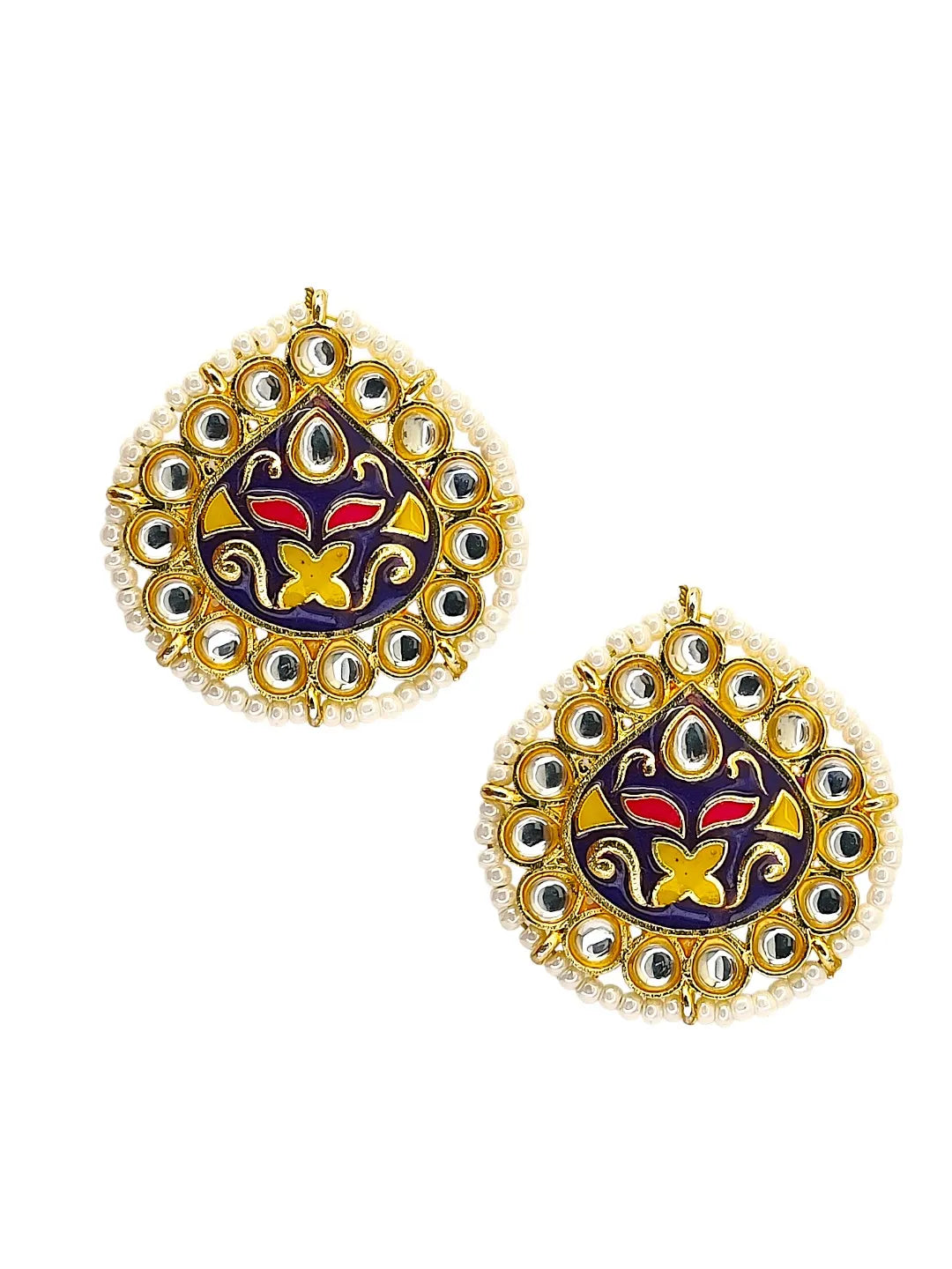 Gold Plated Kundan Meenakari Navy Blue Stud Earrings