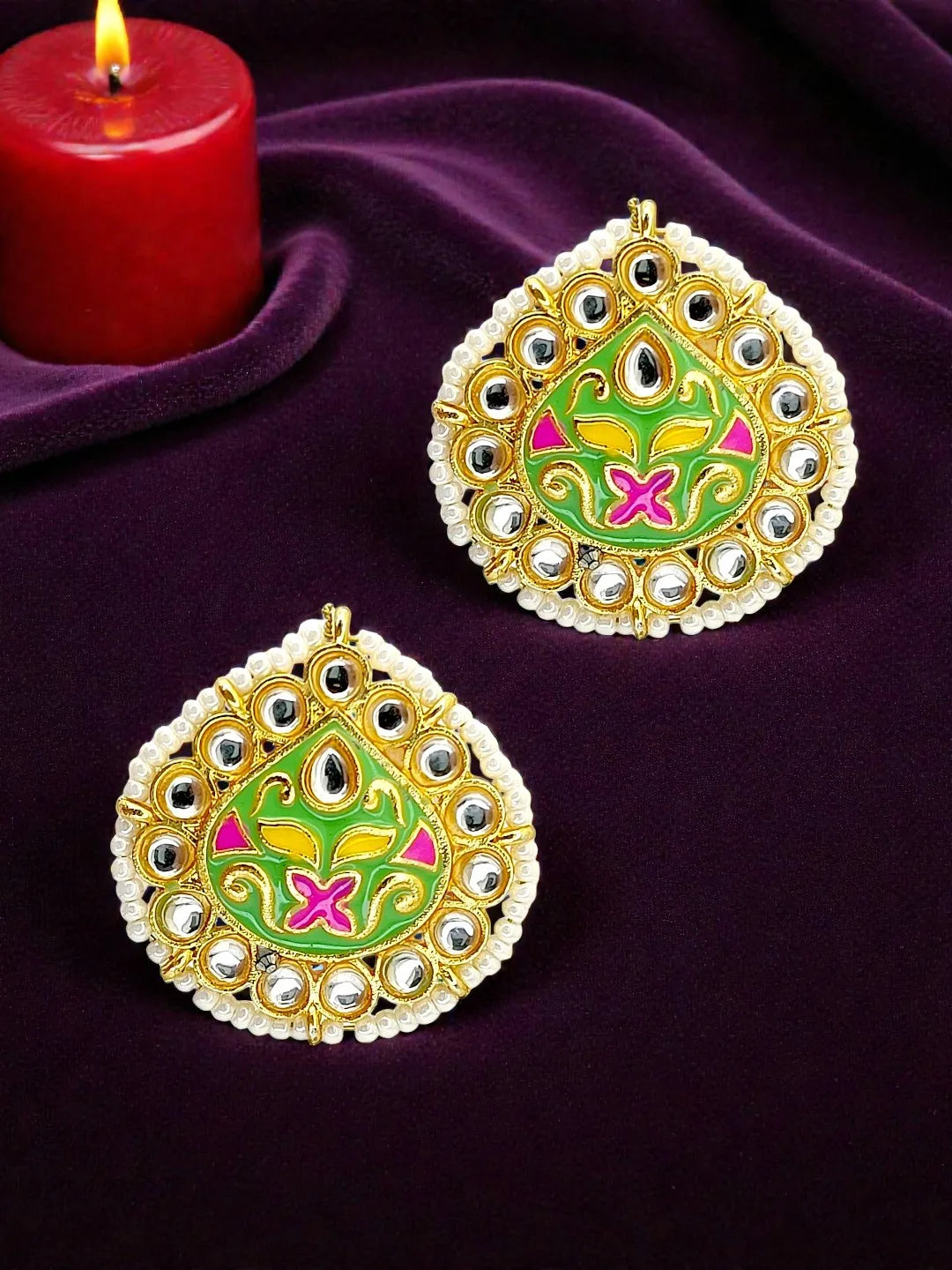 Gold Plated Kundan Meenakari Lime Green Stud  Earrings